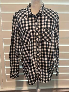Bit & Bridle Womens Shirt XL Black White Checked Western Snap Button Equestrian